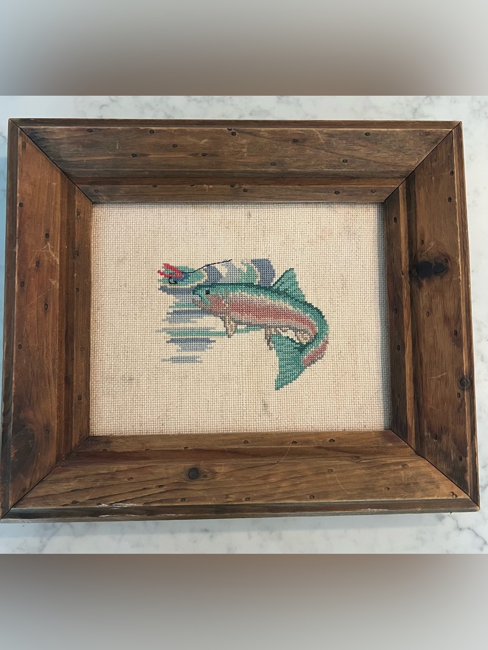 Vintage Needlepoint Trout Fish Framed Rustic Wood Cabin Lodge Fishing Wall Art